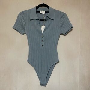 Allie Rose women's S steel blue button up short sleeve sweater bodysuit NWT